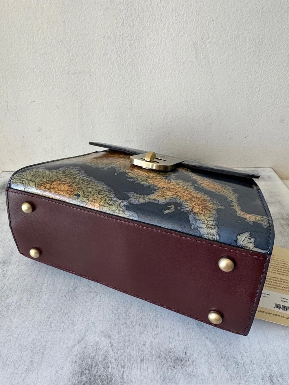 PATRICIA NASH Leather Chauny Satchel Handbag Xbody Greek Map Print Navy Yellow